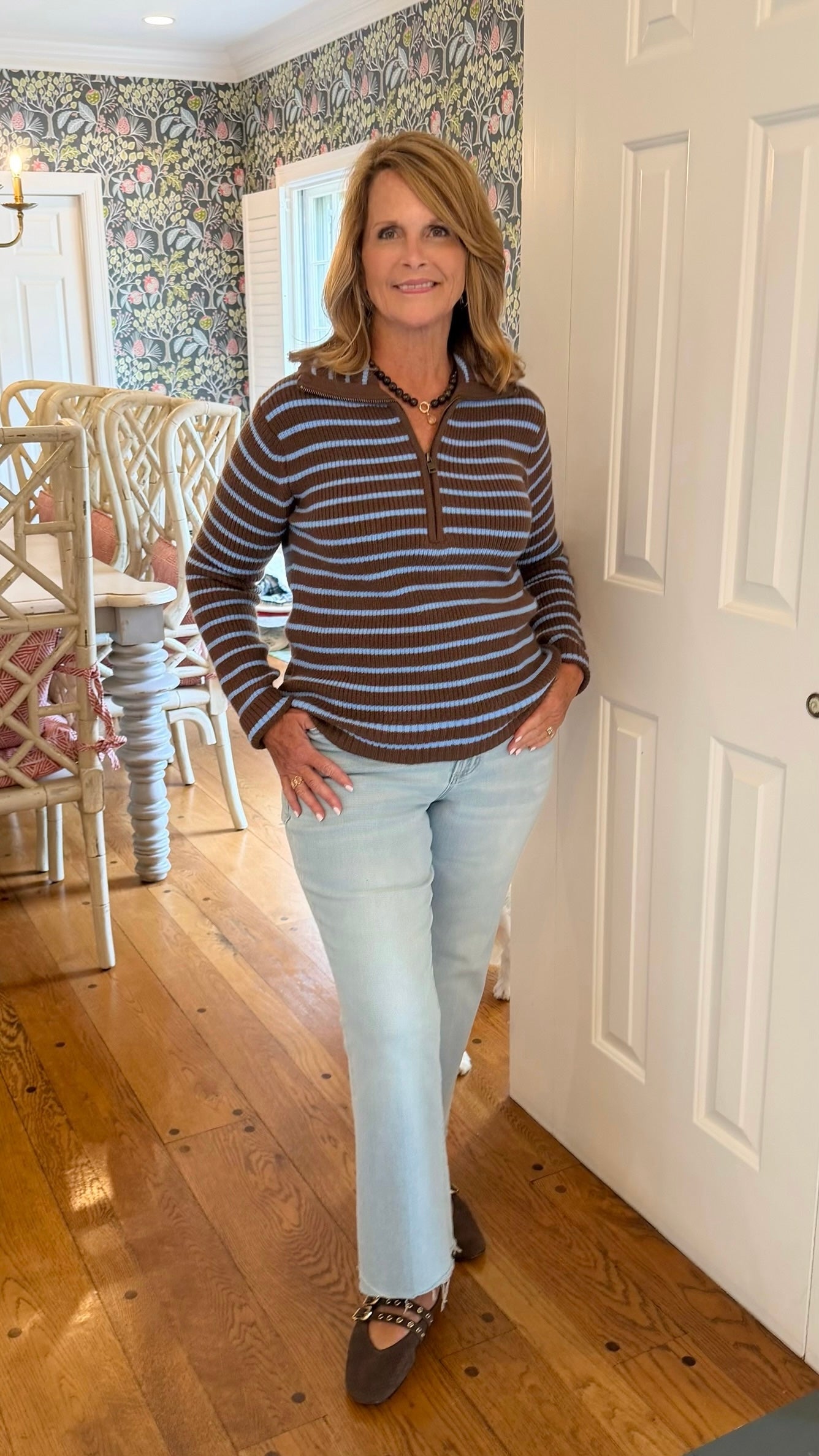Jenavive Stripe Quarter Zip Sweater - Brown & Dusty Blue