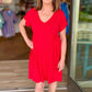 Bobi V Neck Shirred T-Shirt Dress - Red