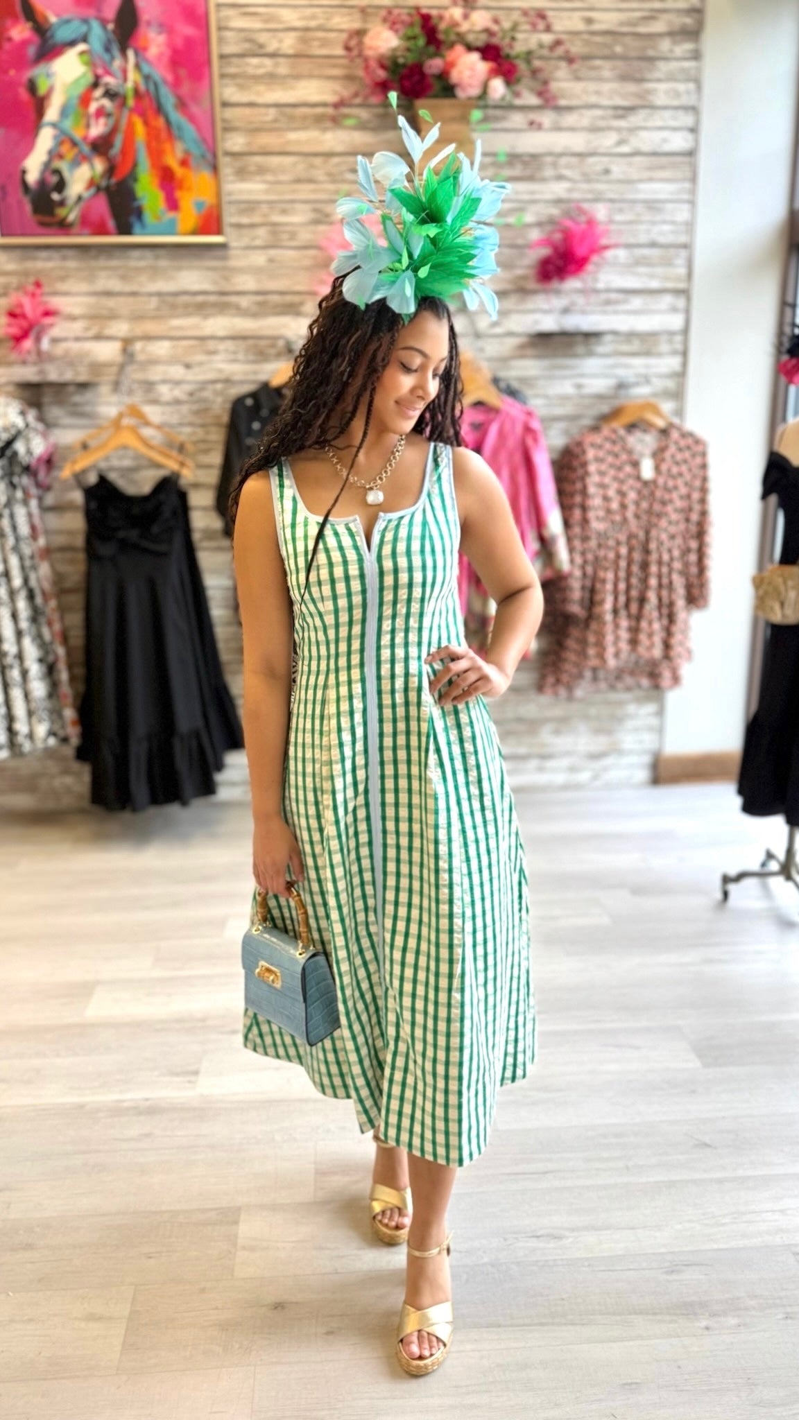 Melanie Gingham Check Midi Dress - Kelly Green