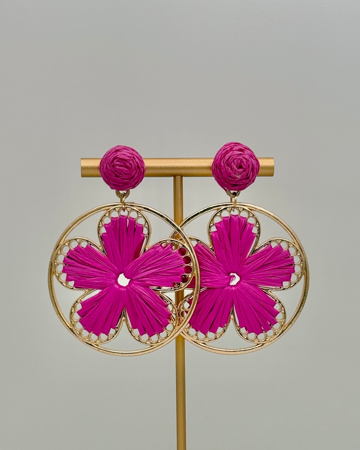Raffia Flower Earrings - Fuchsia
