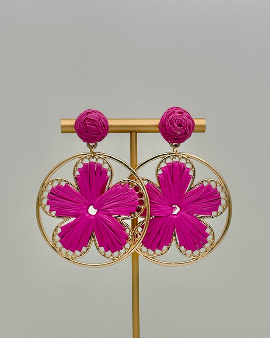 Raffia Flower Earrings - Fuchsia