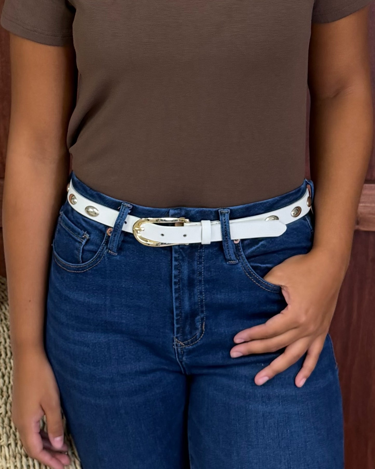 White Leather Belt With Oval Silver Studs