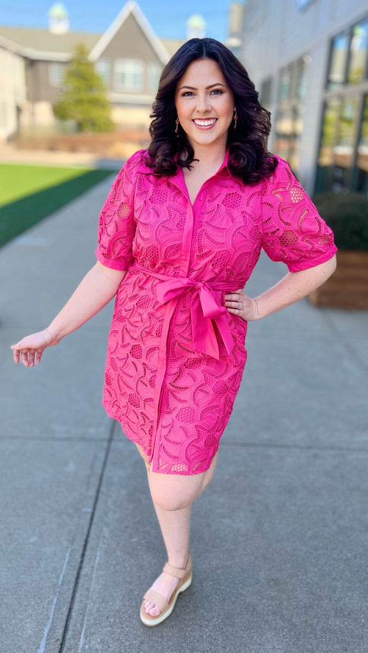 Jade Pink Placket Lace Shirt Dress