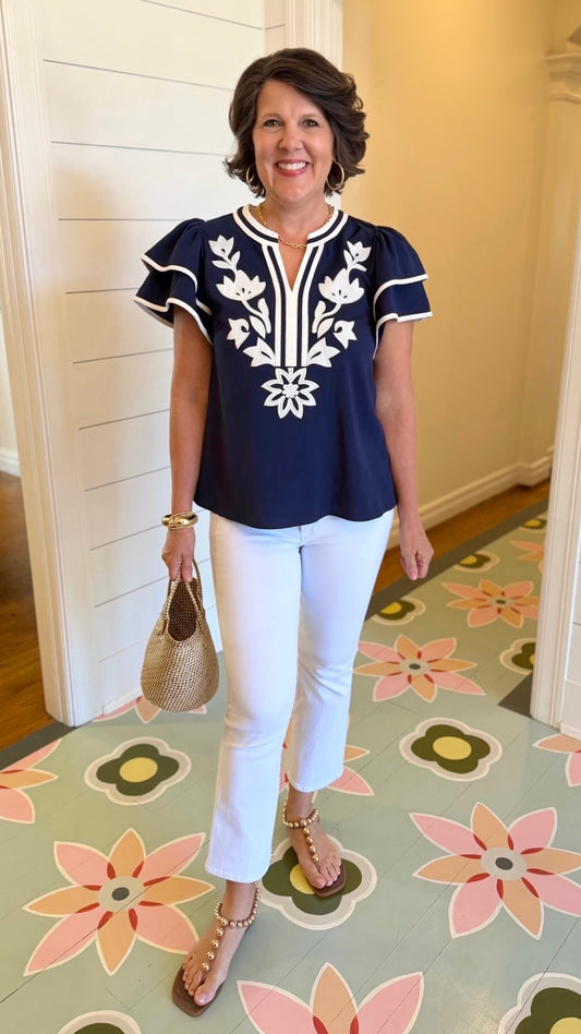 Addison Flutter Sleeve Top - Navy