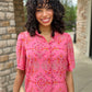 Pink Floral Button Up Short Sleeve Blouse
