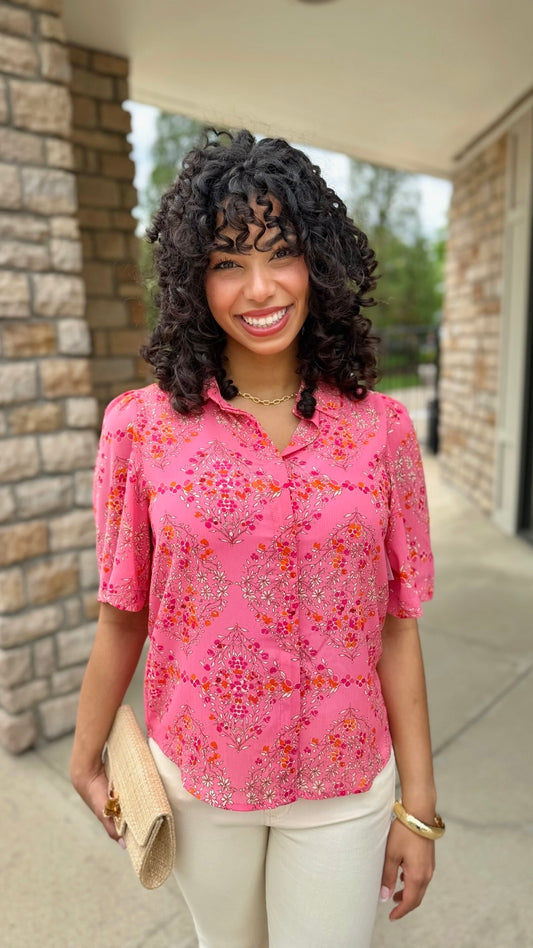 Pink Floral Button Up Short Sleeve Blouse