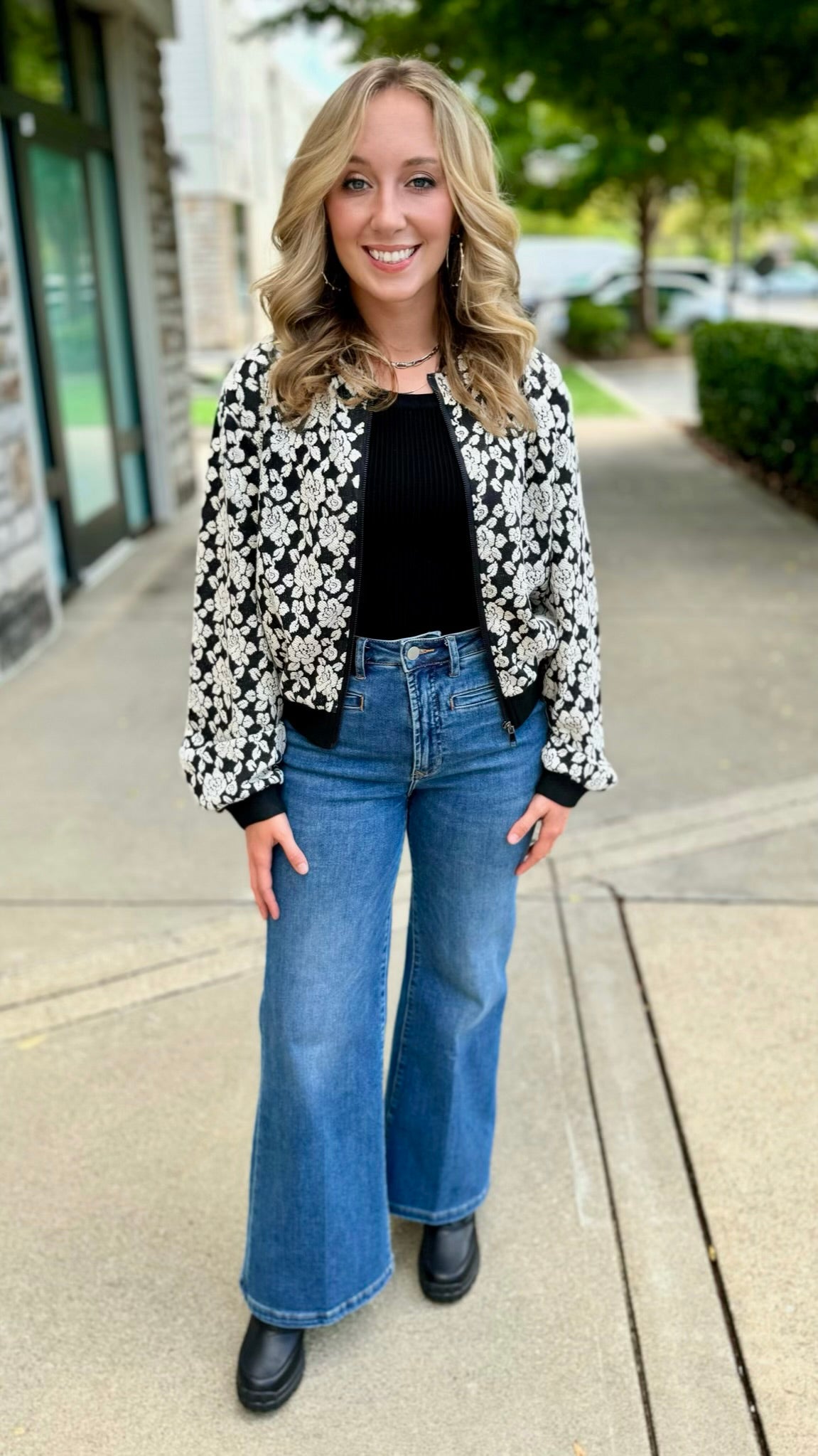 Embossed Rose Print Bomber Jacket