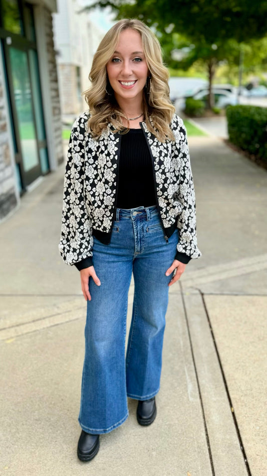 Embossed Rose Print Bomber Jacket