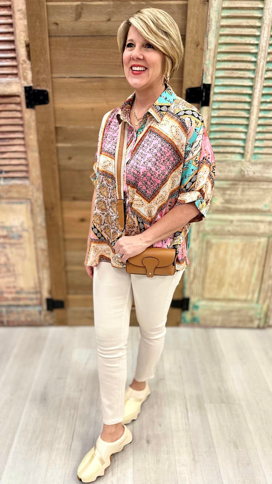 Abstract Half Sleeve Button-Up Blouse
