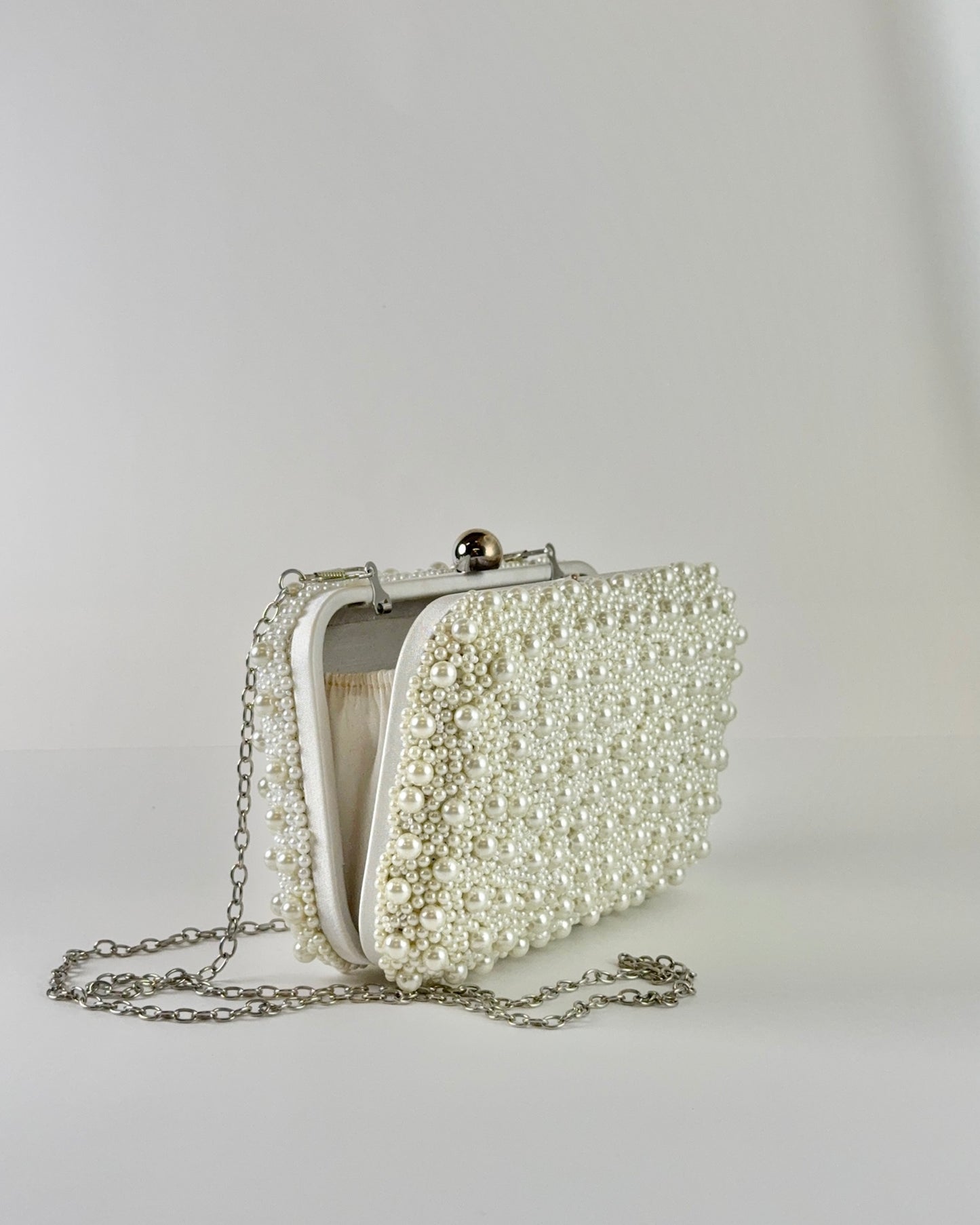 Hand Beaded Silver Pearl Clutch/ Crossbody