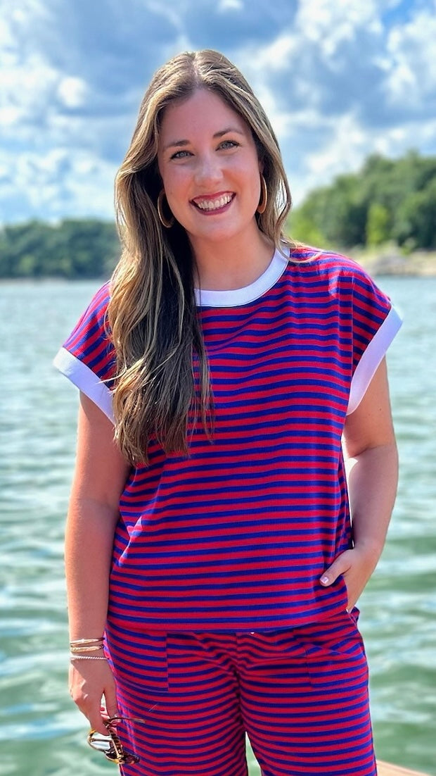 Georgianna Striped Top - Red & Blue With White Trim Detail