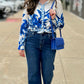 Isabel Ivory Blue Palm Blouse