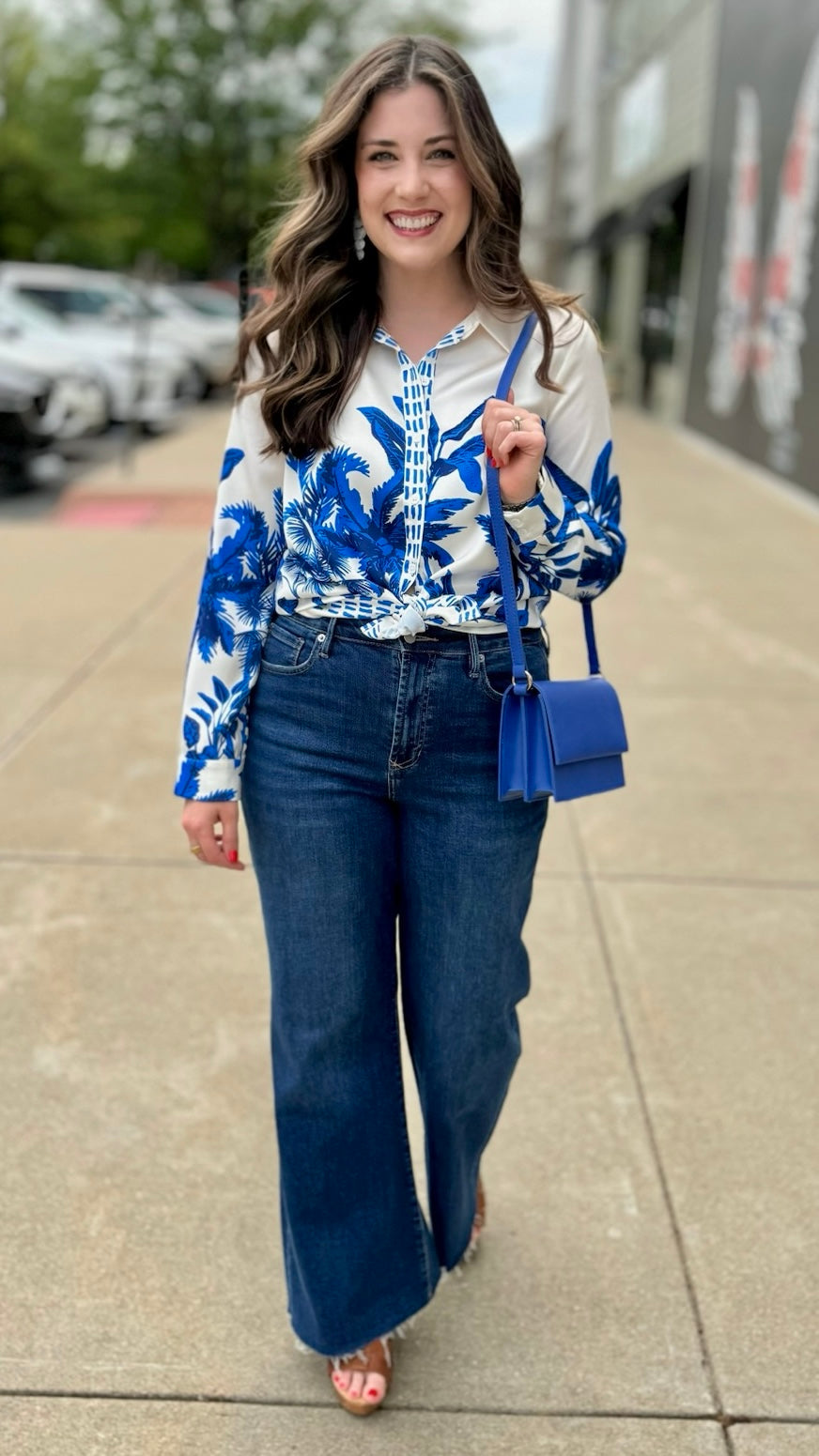 Isabel Ivory Blue Palm Blouse