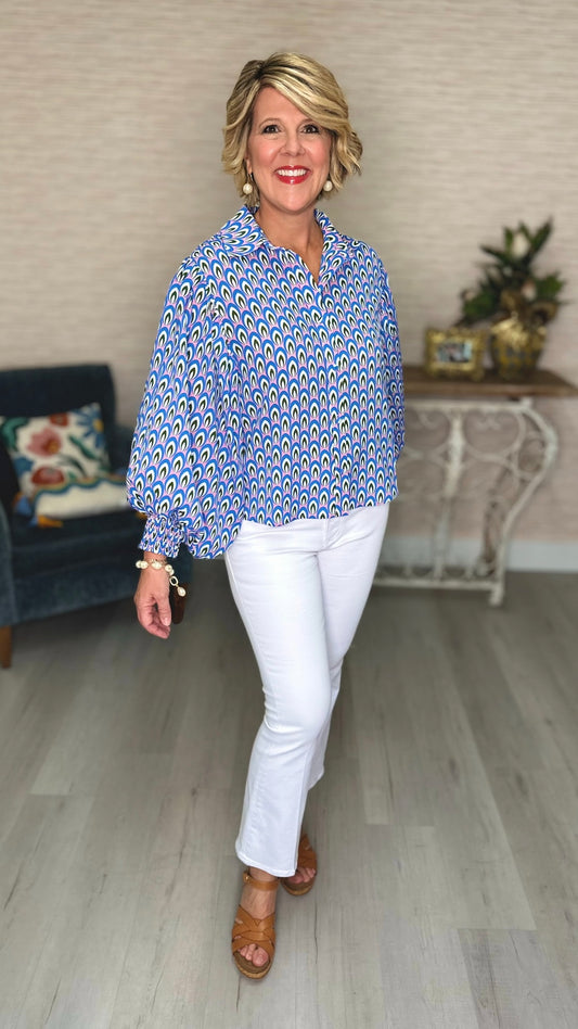 Playful Printed Bubble Sleeve Blouse - Blue