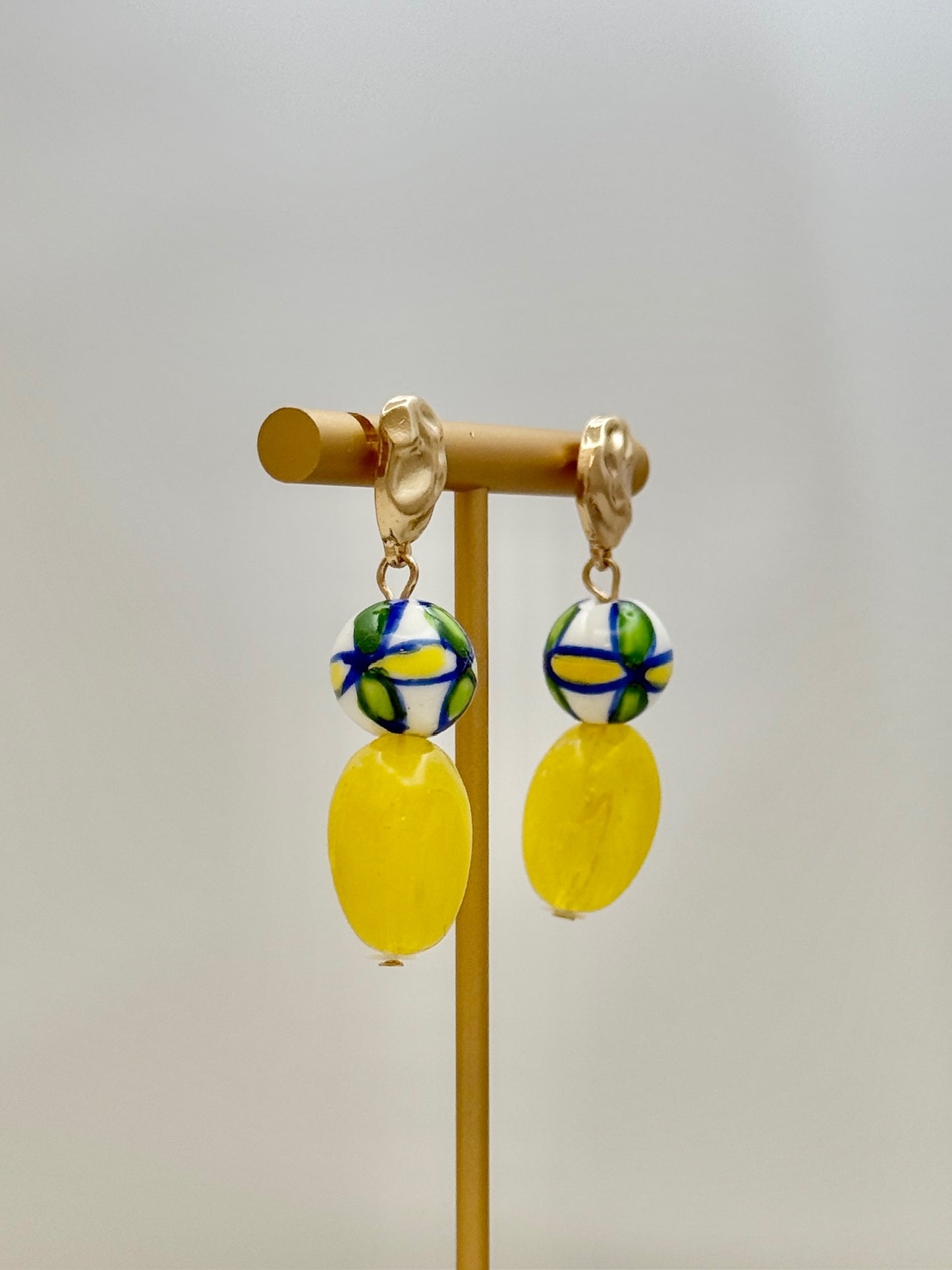 Yellow/ Blue Ceramic Bead Earring - Gold