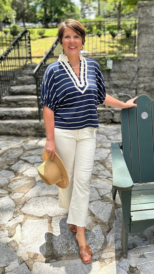 Jenni Striped Top - Navy & Ecru