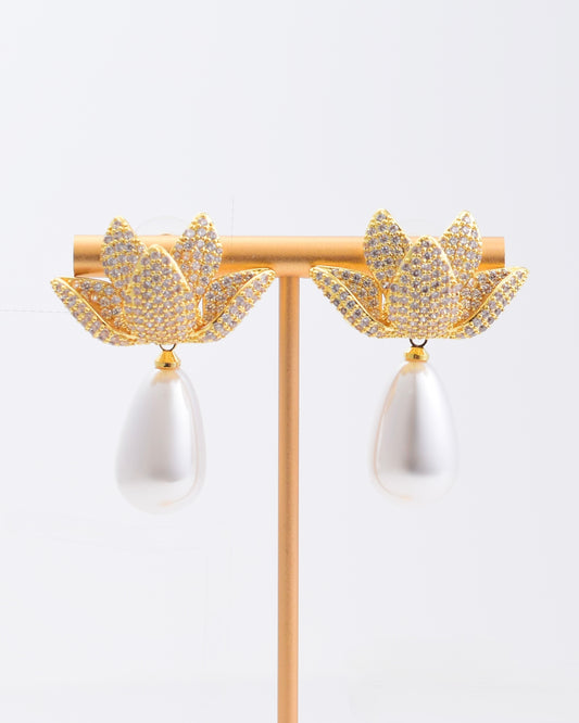 Gold Pave Crystal Floral Earrings