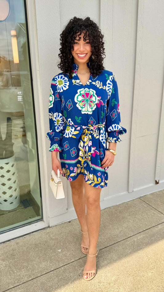 Jenny Floral Belted Dress - Cobalt