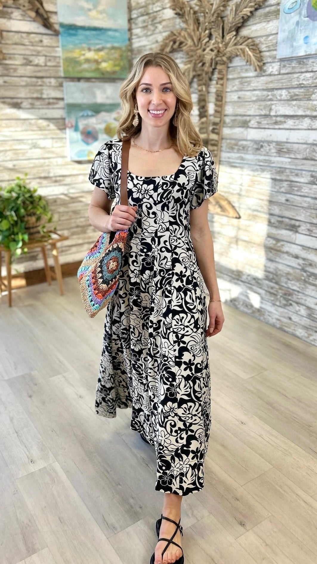 Theresa  Print Midi Dress - Black/White