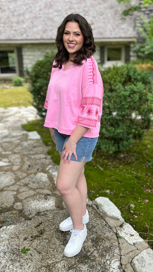 Pink Embroidered Sleeve Summer Hoodie