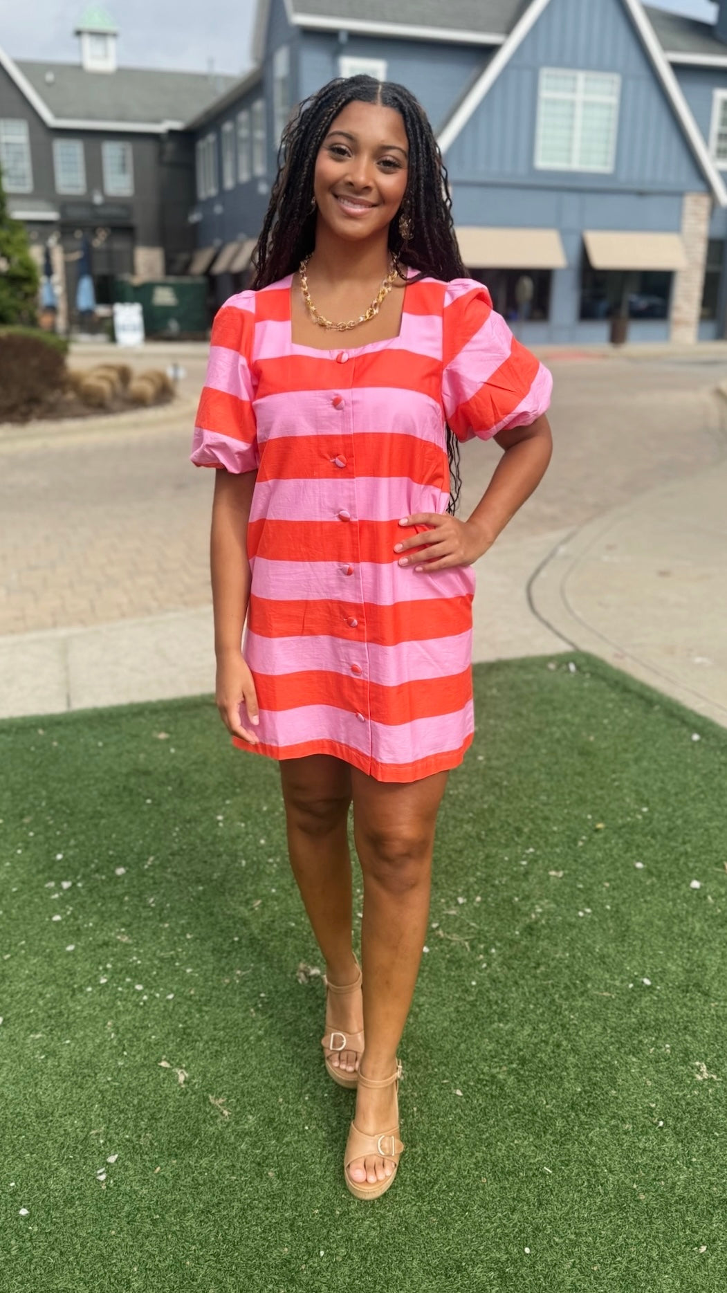 Tatum Stripe Dress - Pink & Tangerine
