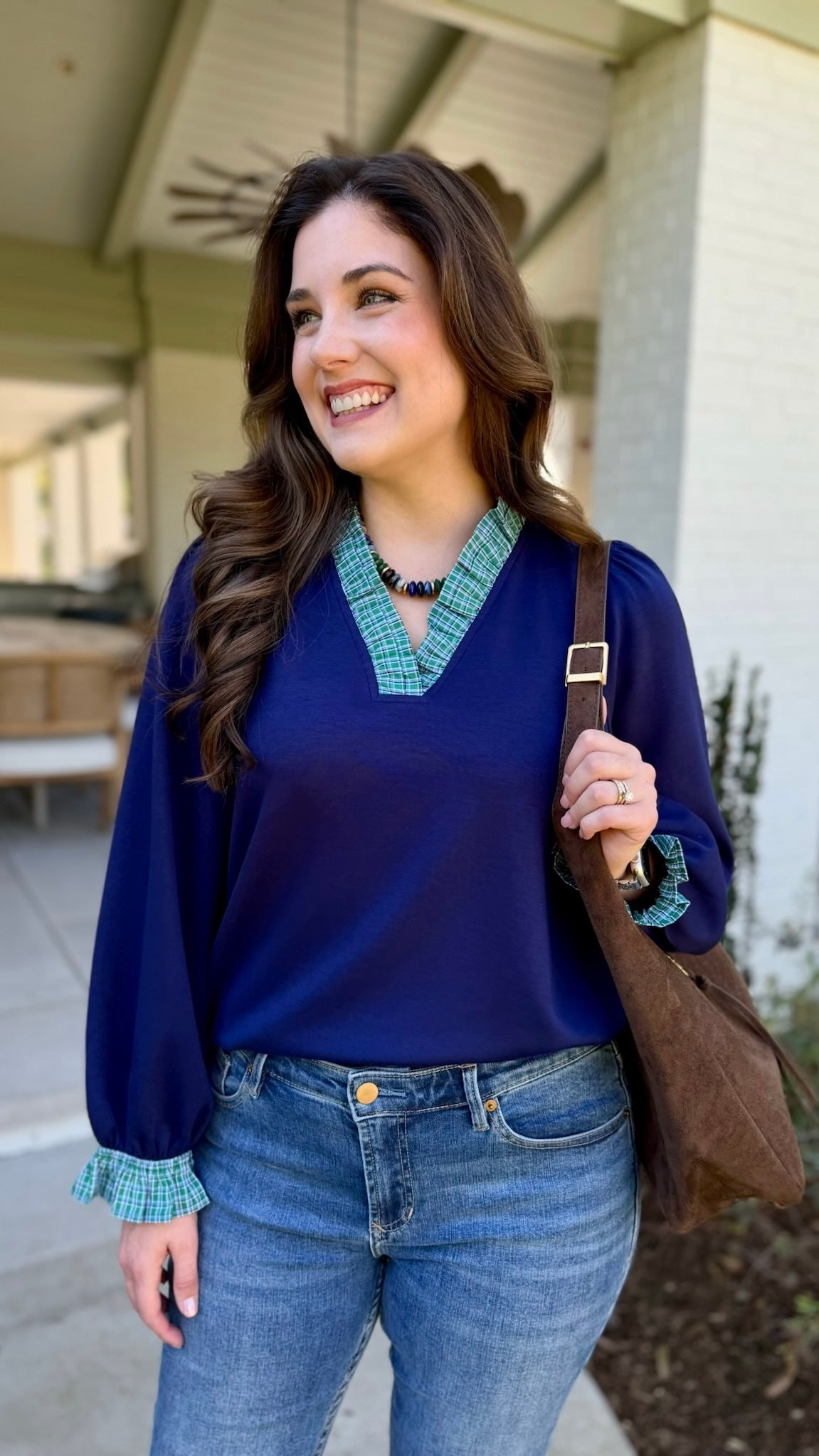 Navy Plaid Trim Top