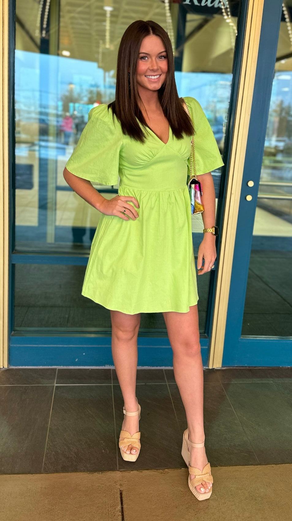 Lime Butterfly Sleeve Dress