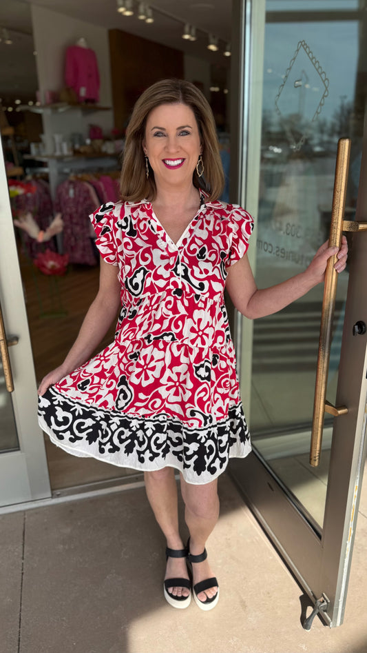 Sophia Abstract Floral Dress - Red