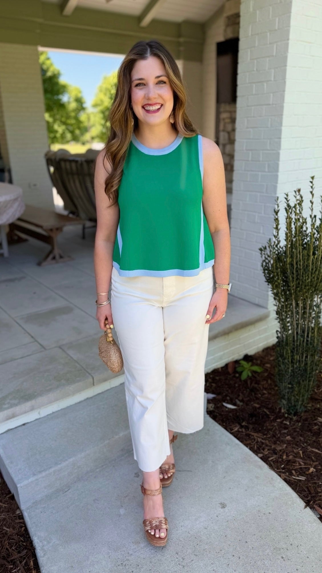 Natasha Sleeveless Top - Green with Blue Trim