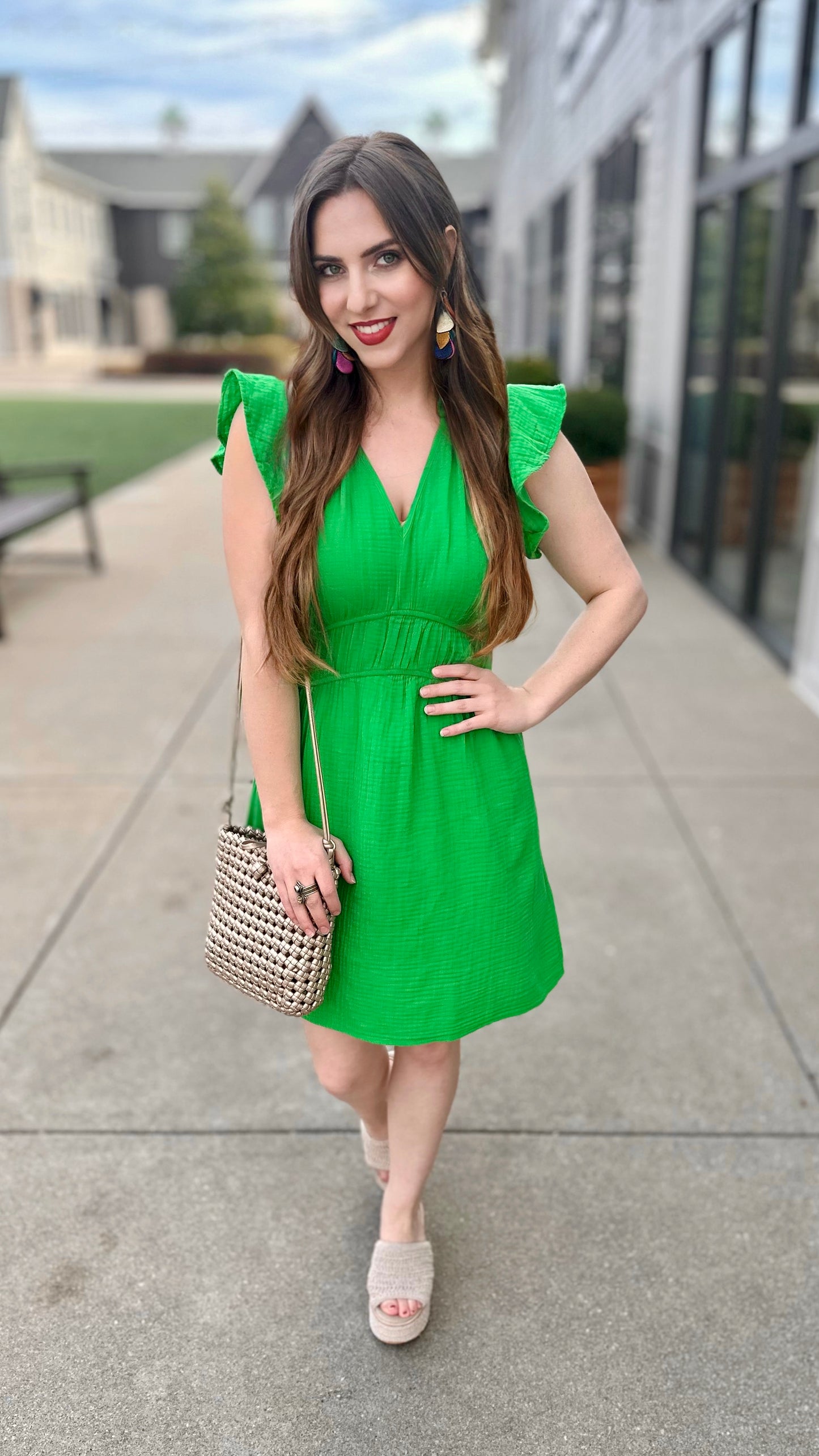 Dear John Martha Ruffle Sleeve Dress - Green