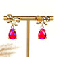 Gold Bow & Bling Teardrop Earrings - Fuchsia