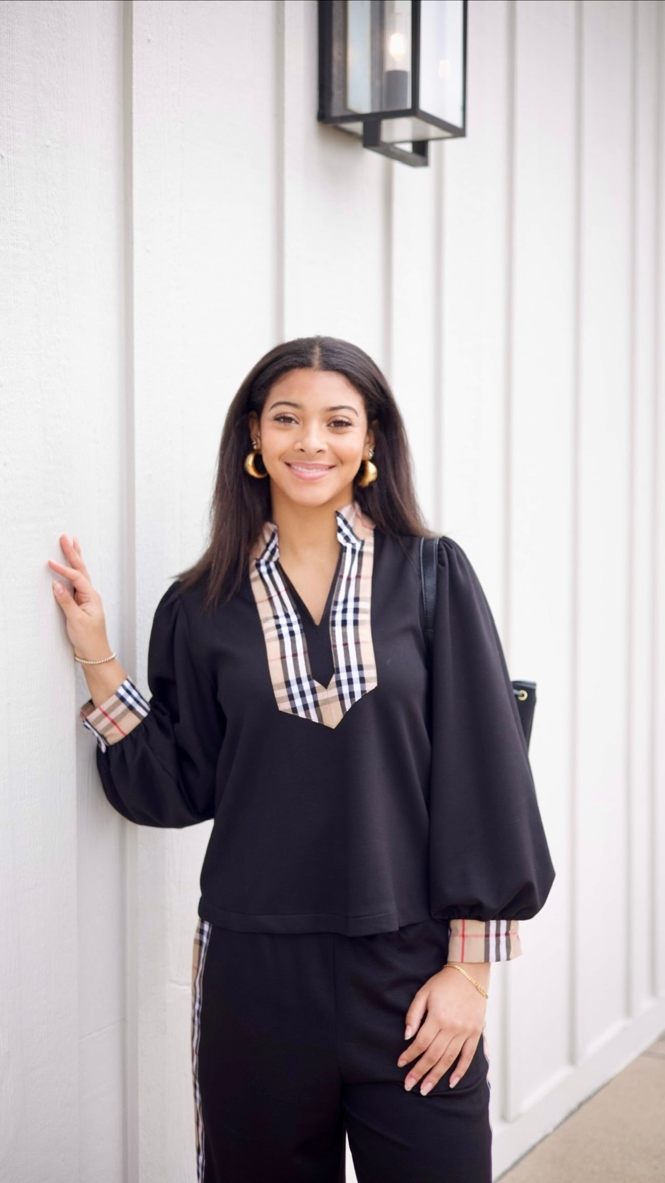 Sydney Black & Plaid Trim Top