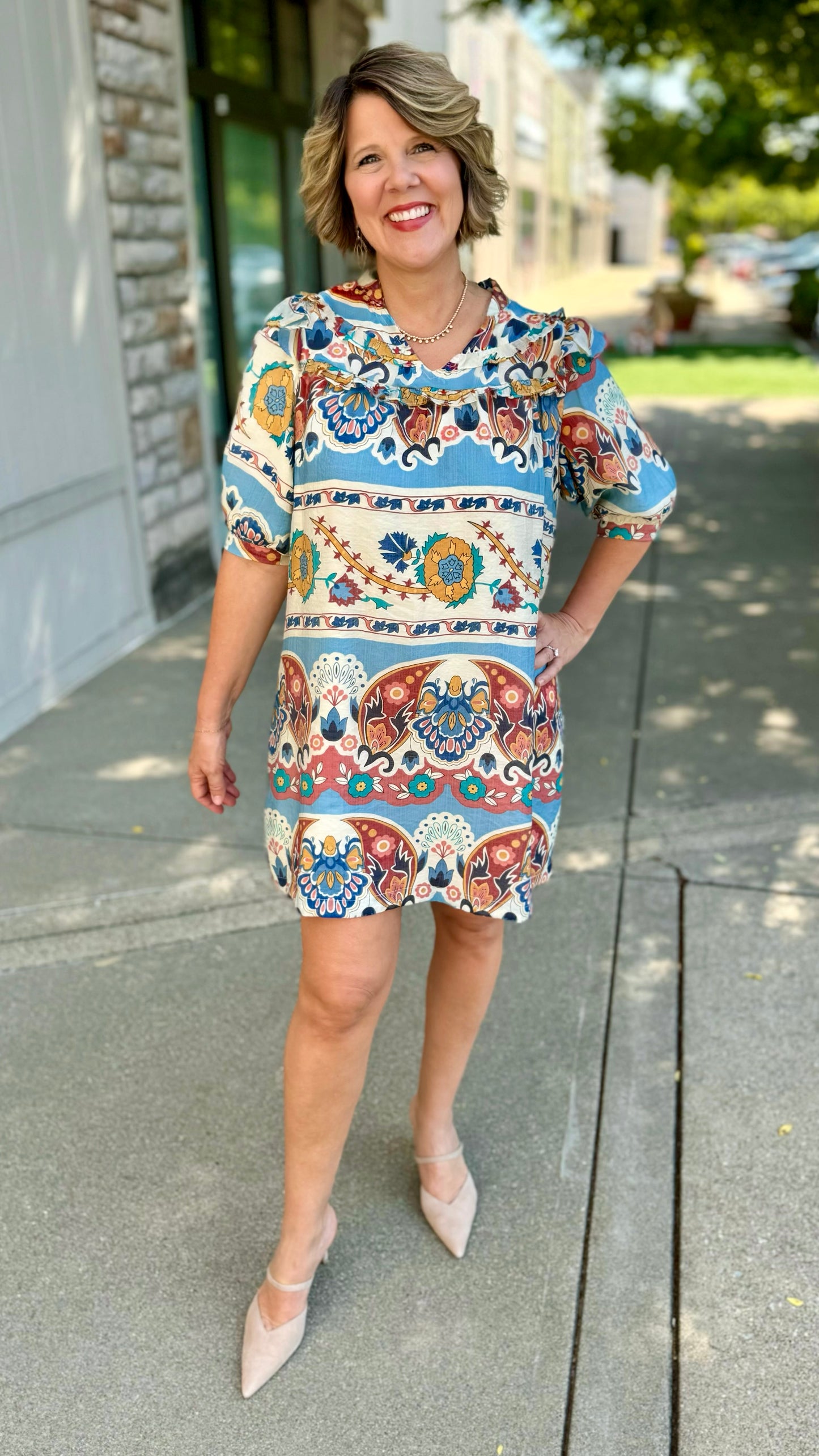 Harvest Blue Paisley Ruffle Neck Dress
