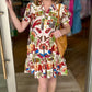 Charleston Abstract Floral Ruffle Collar Dress-Brown