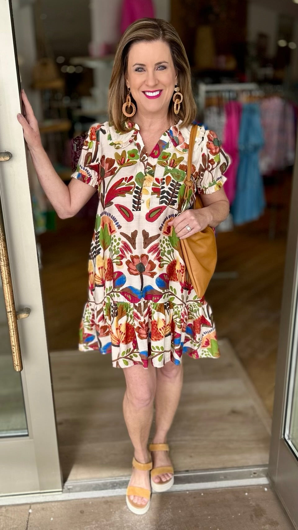 Charleston Abstract Floral Ruffle Collar Dress-Brown