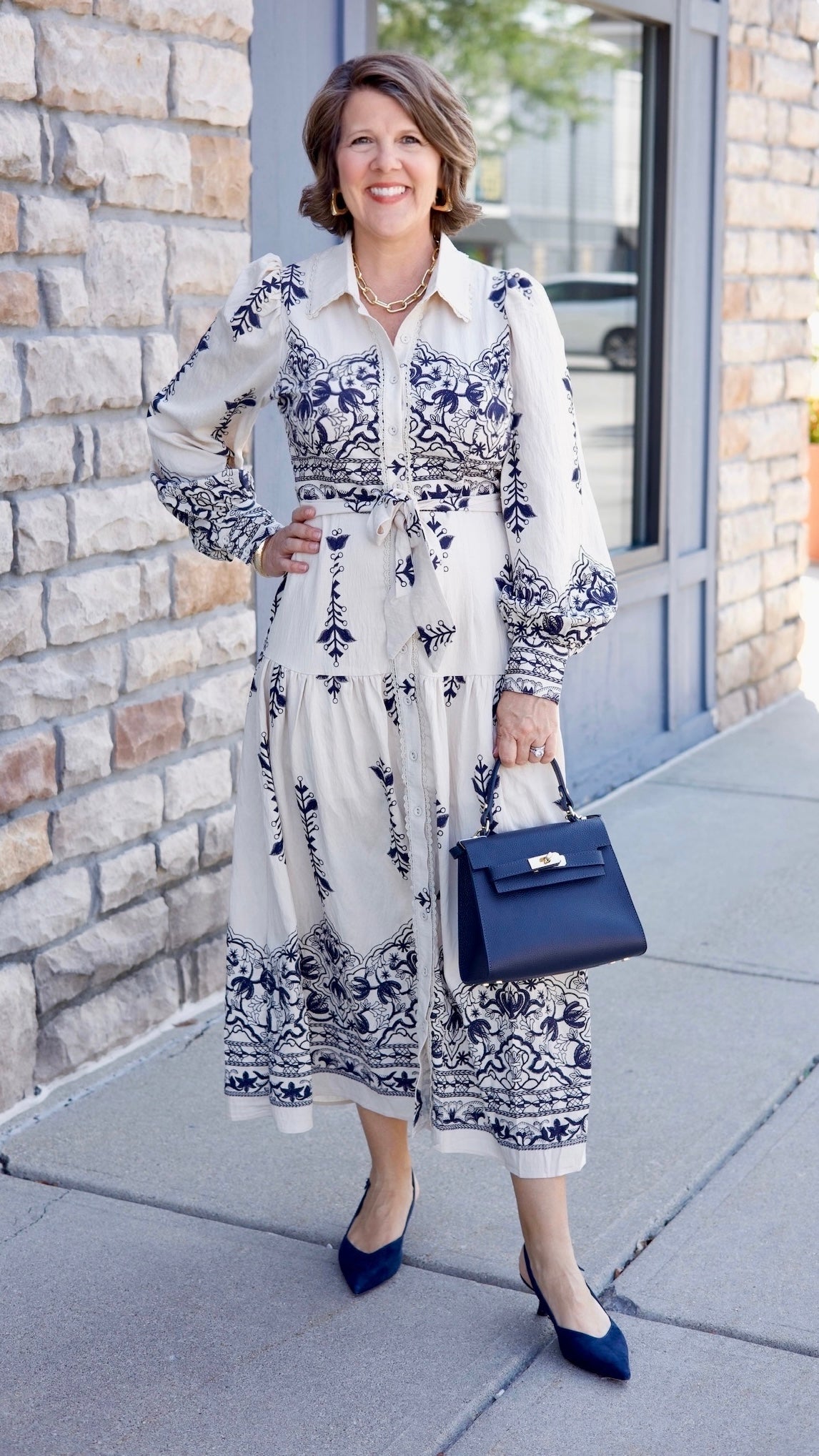 Talia Belted Midi Dress - Taupe / Navy