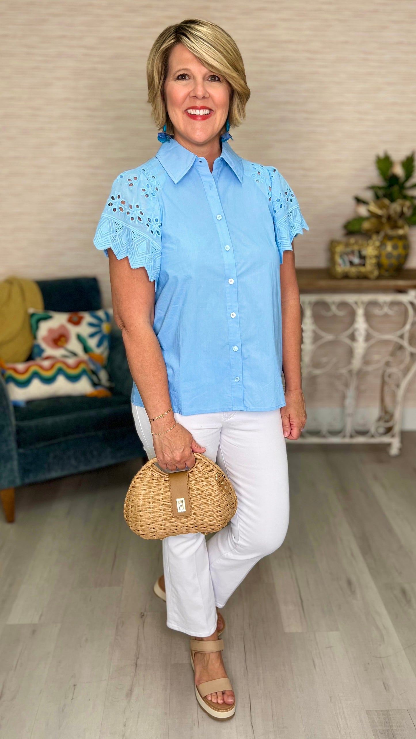 Sky Blue Eyelet Sleeve Button-Up