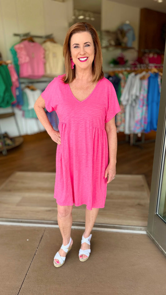 Bobi V Neck Shirred T-Shirt Dress - Pink
