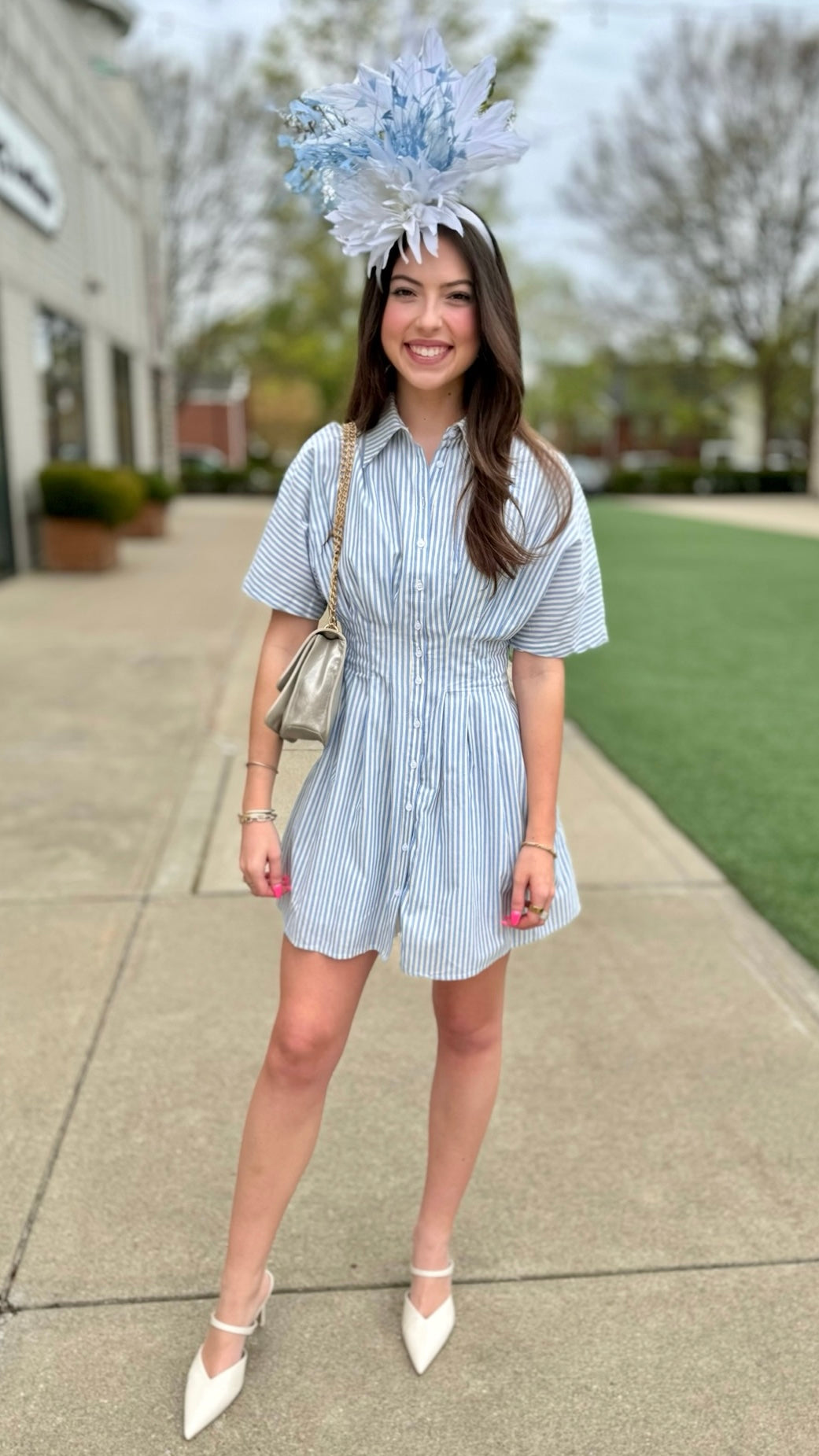 Audrey Pleated Mini Shirt Dress - Blue Stripe