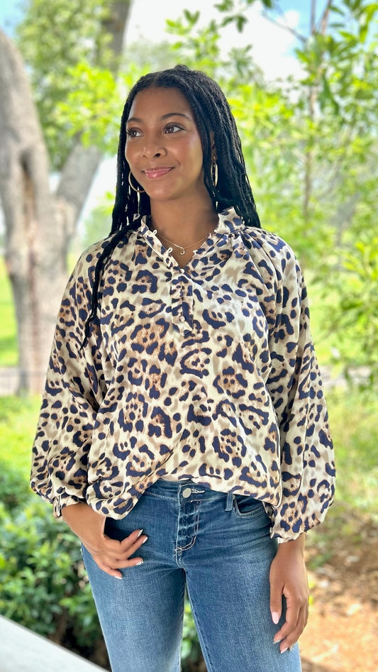 Mae Animal Print Top - Taupe & Navy