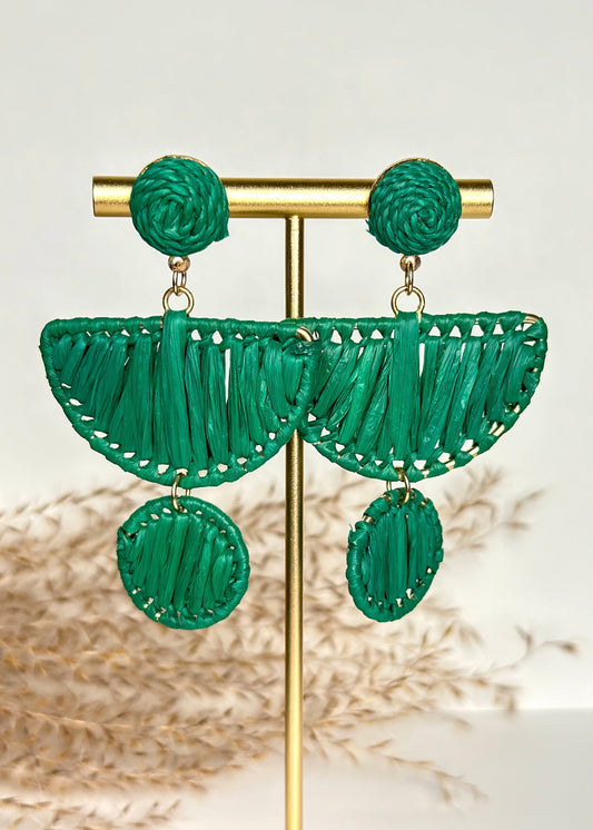 Raffia Wedge & Circle Earrings - Green