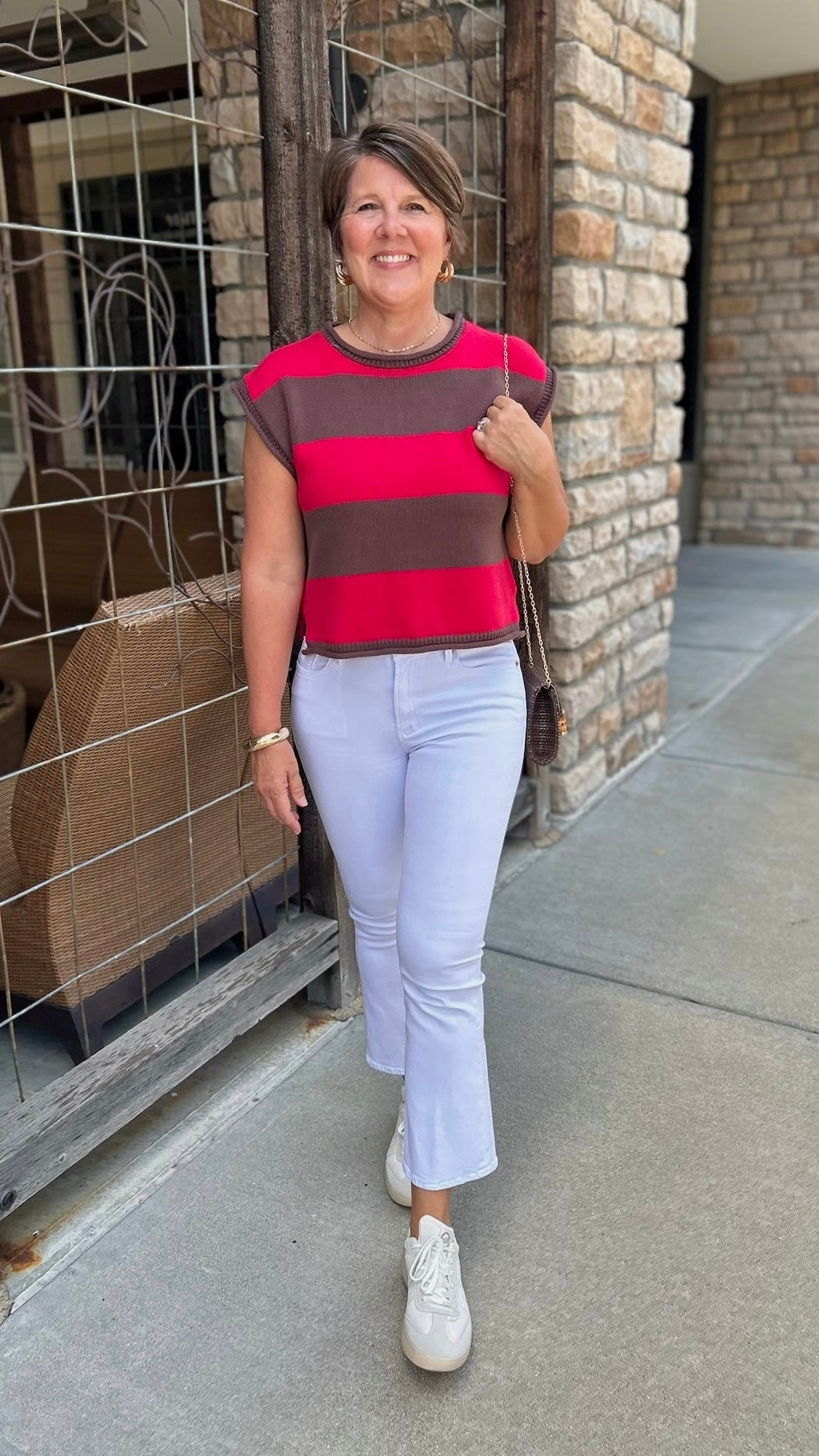 Madelyn Sleeveless Stripe Sweater - Red & Brown