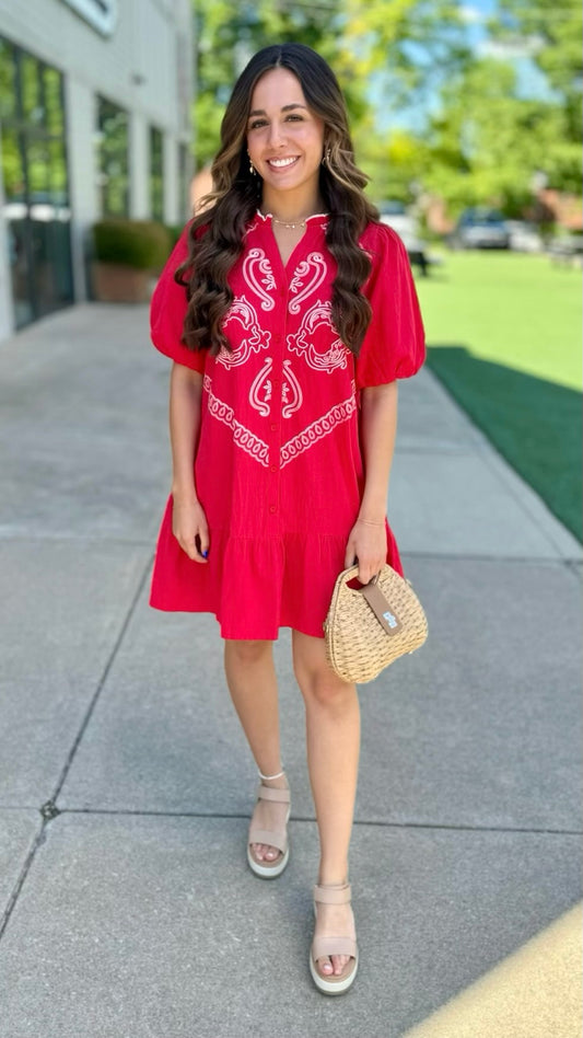 Santa Fe Embroidered Dress- Red