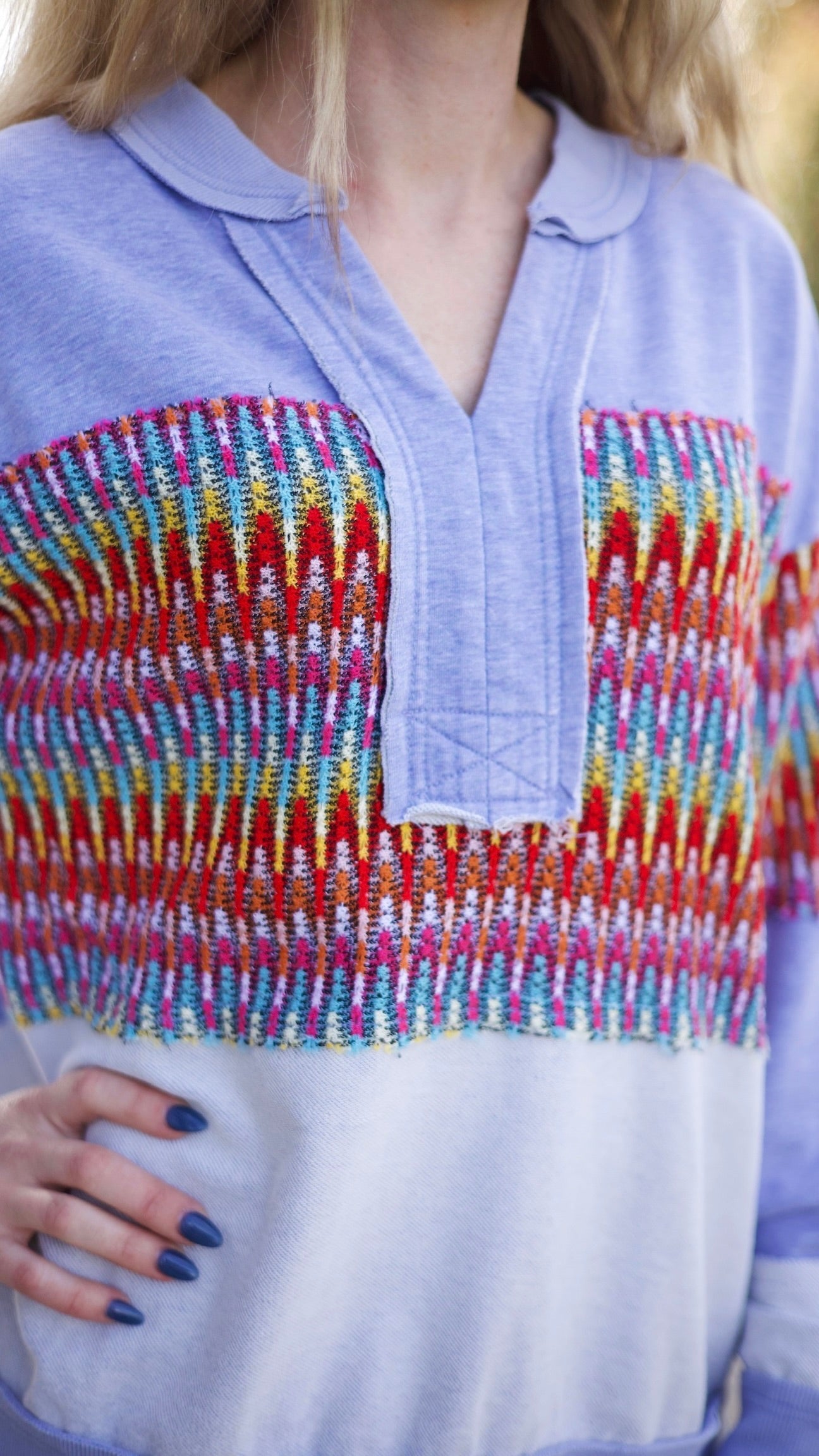 Crochet Mix Collared Sweater - Washed Blue