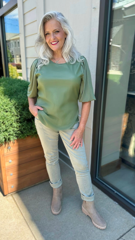 Another Love Vegan Leather Smock Cuff Top - Sage