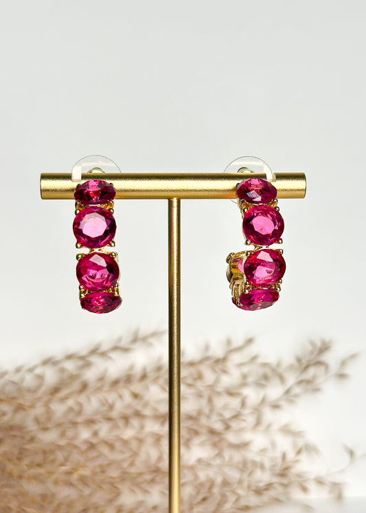 Mini Crystal Hoop Earrings - Fuchsia