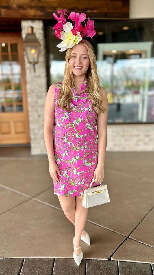 Tabi Horse Bit Ruffled Neck Dress - Pink & Lime