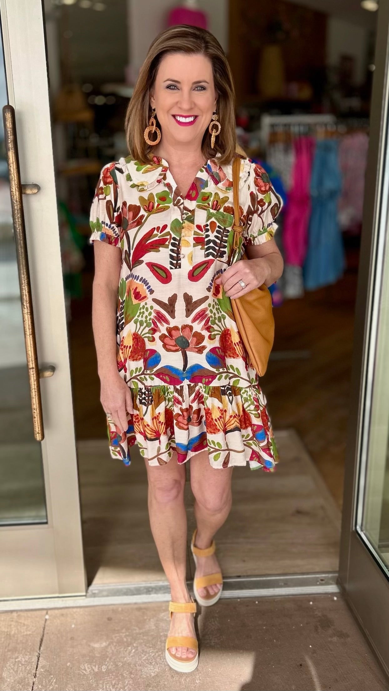 Charleston Abstract Floral Ruffle Collar Dress-Brown