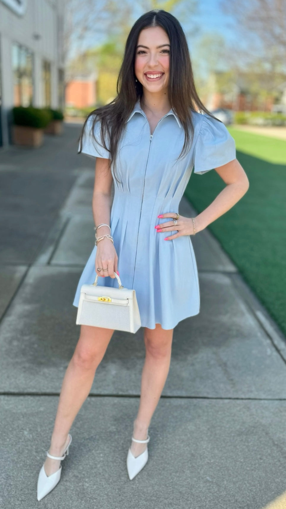 Aubrey Denim Pleat Waist Zip Mini Dress - Blue