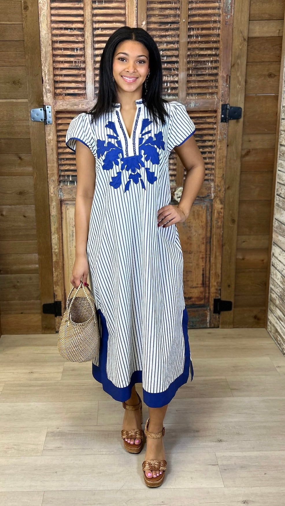 Naomi Striped Midi Dress - White & Blue